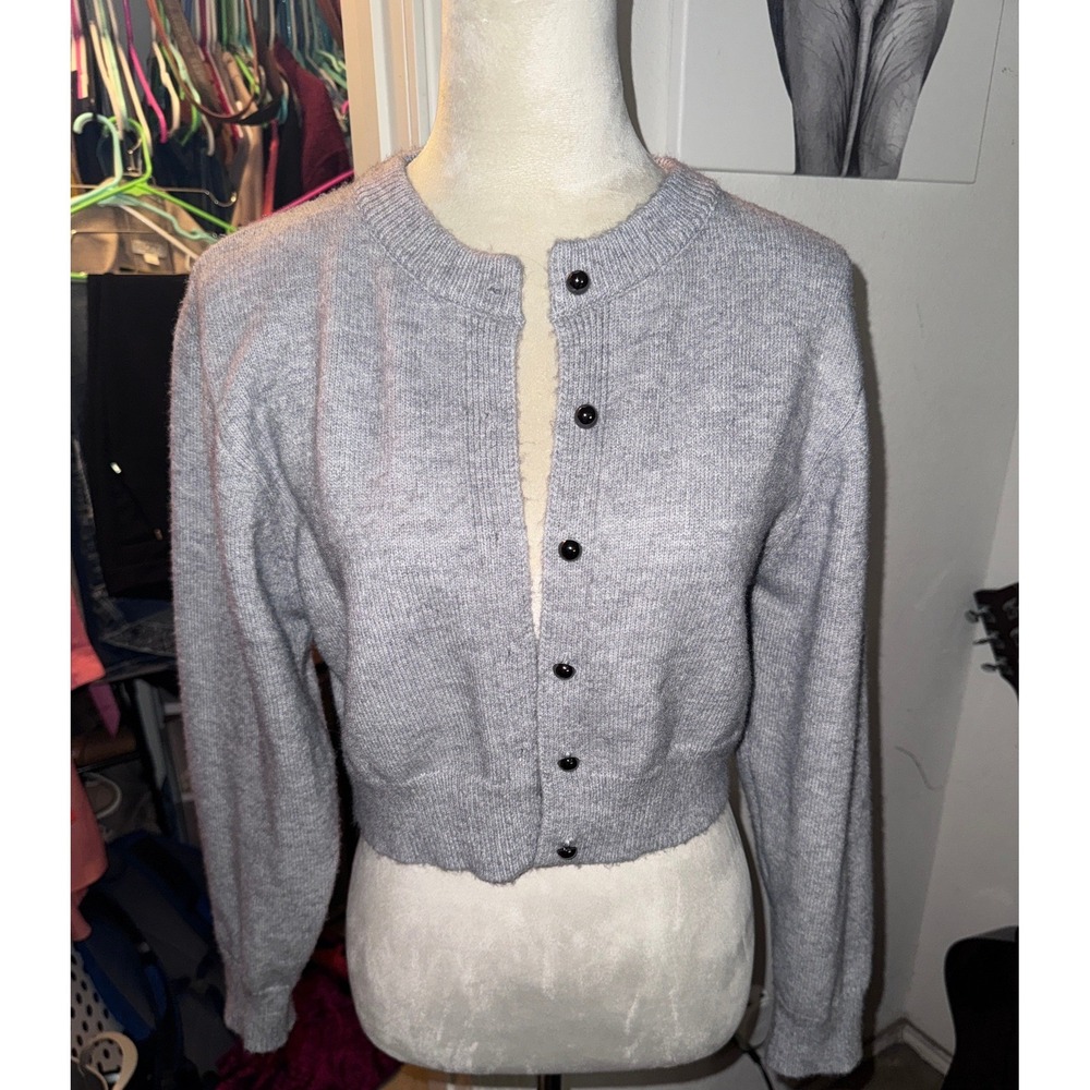 Cider Grey Cropped Button Front Cardigan Sweater Crew Neck Size M